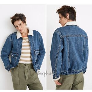NEW Madewell Sherpa-Lined blue‎ Denim Zip Jacket, size M, NWT
